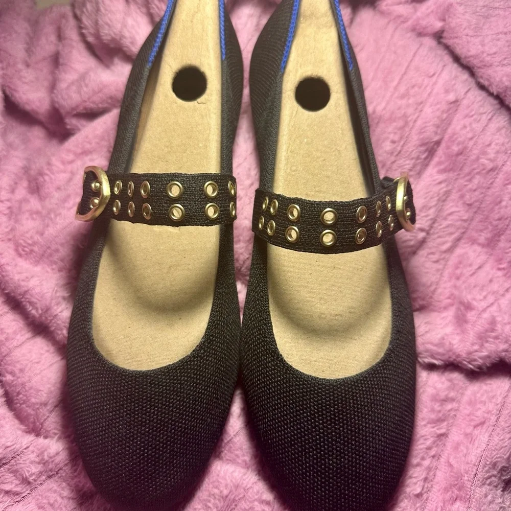Rothy's Black and Blue Flats with Gold Buckle - Picture 2 of 4